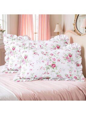Shabby Chic Pink Rose Floral Pillowcases - 100% Cotton Vintage Lace Ruffles